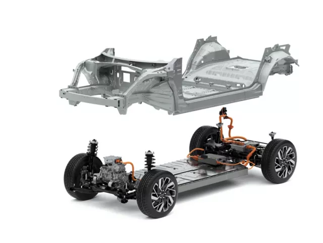 Schematic of Hyundai's E-GMP platform for electric vehicles like the new IONIQ 5 electric CUV.