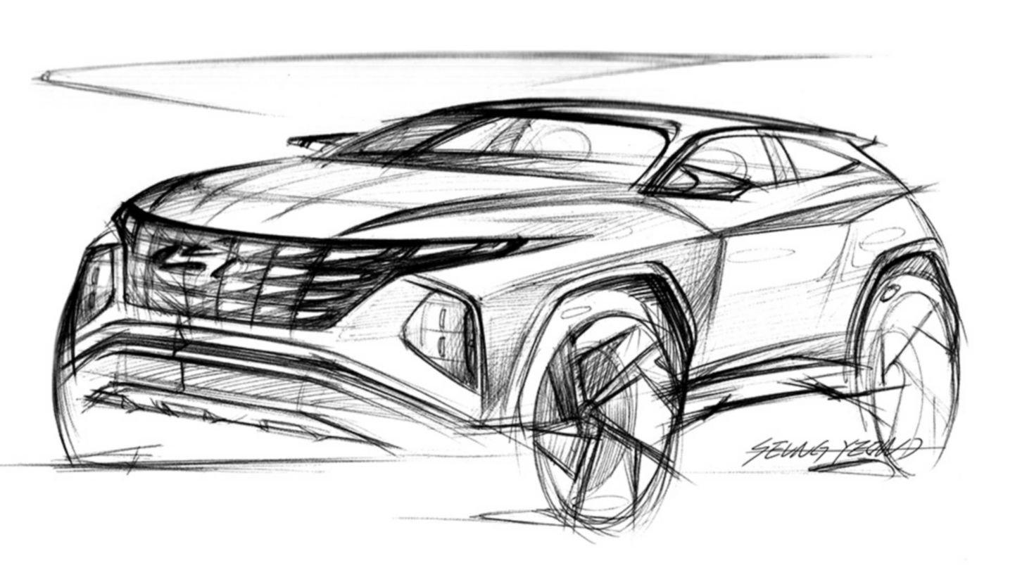 Design sketch of the all-new Hyundai Tucson compact SUV pictured from the front.